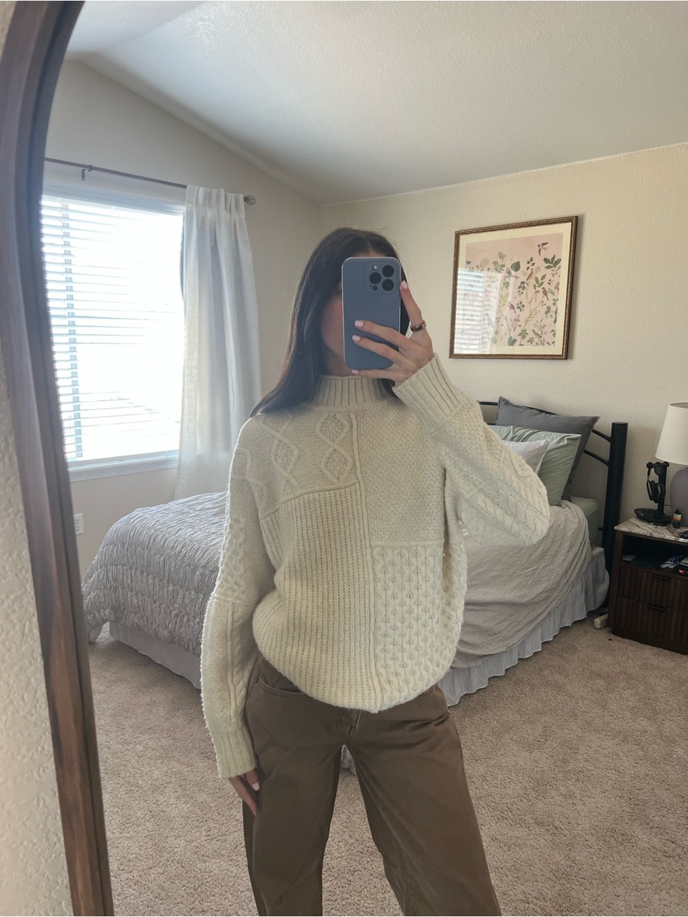 American Eagle Outfitters Cream Patchwork Cable Turtleneck Sweater